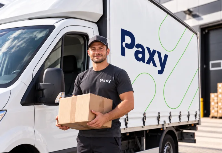Kurier Paxy z paczką przy ciężarówce